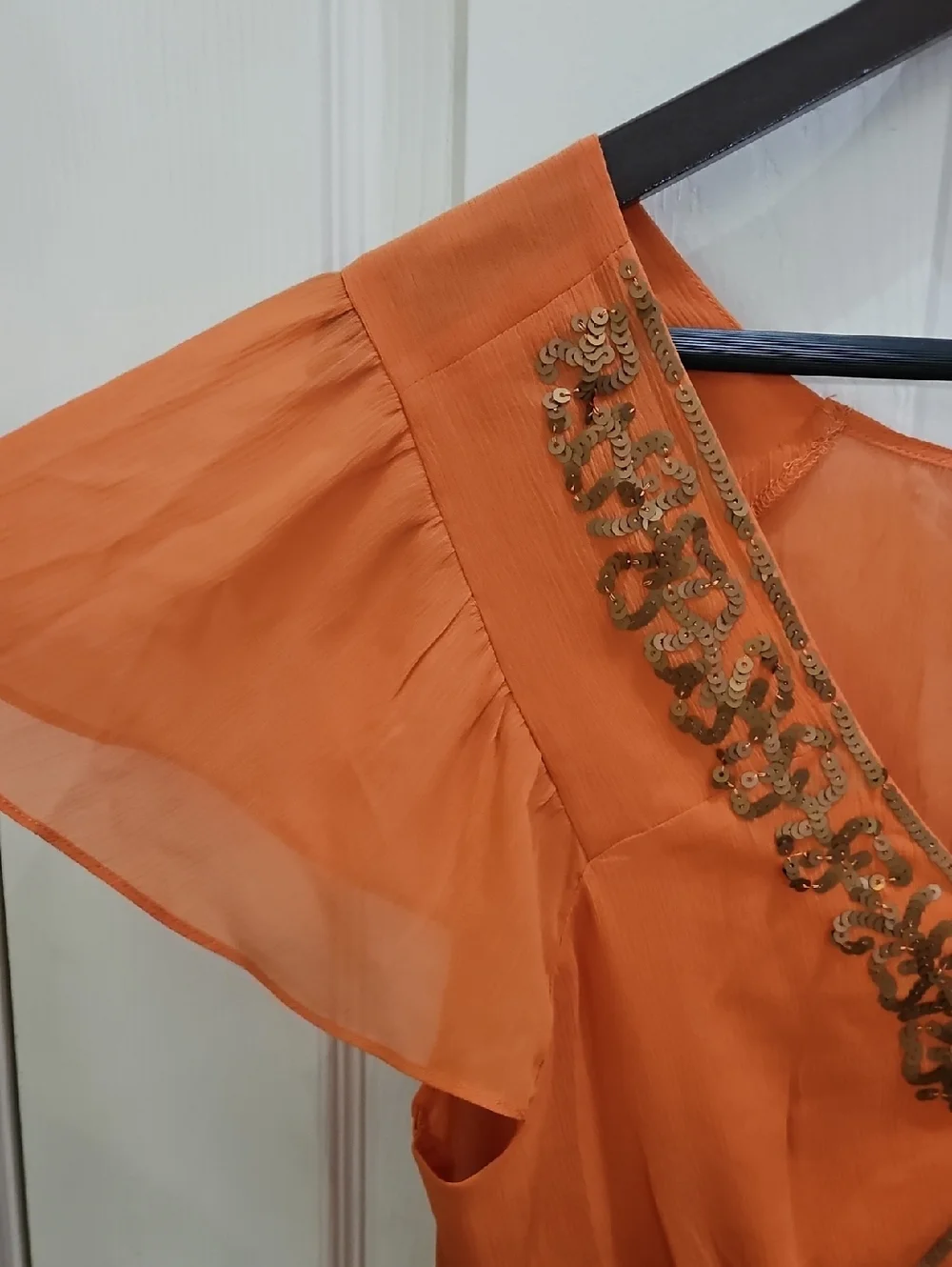 Lane Bryant Orange Sequined Sheer Blouse Flutter Sleeve Boho Top Sz 14/16